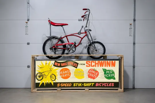 1969 Schwinn Apple Krate Bicycle and Custom Illuminated Schwinn Krate Bicycle Sign