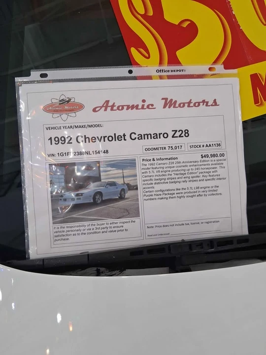 1992 Chevrolet Camaro 3rd Gen - Image 3 of 3