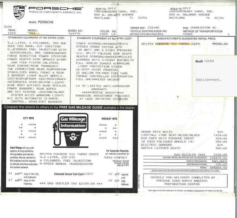 1994 Porsche 964 Turbo - Image 21 of 22
