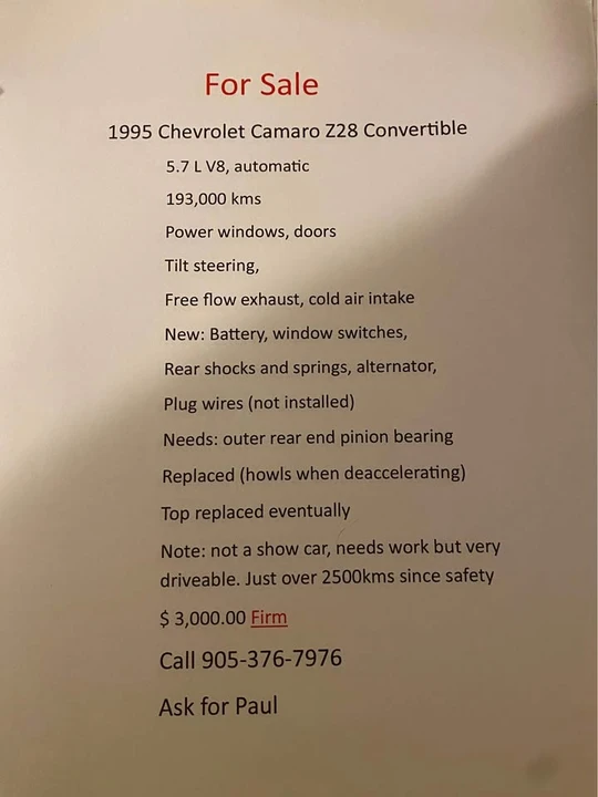 1995 Chevrolet Camaro 4th Gen - Image 2 of 2