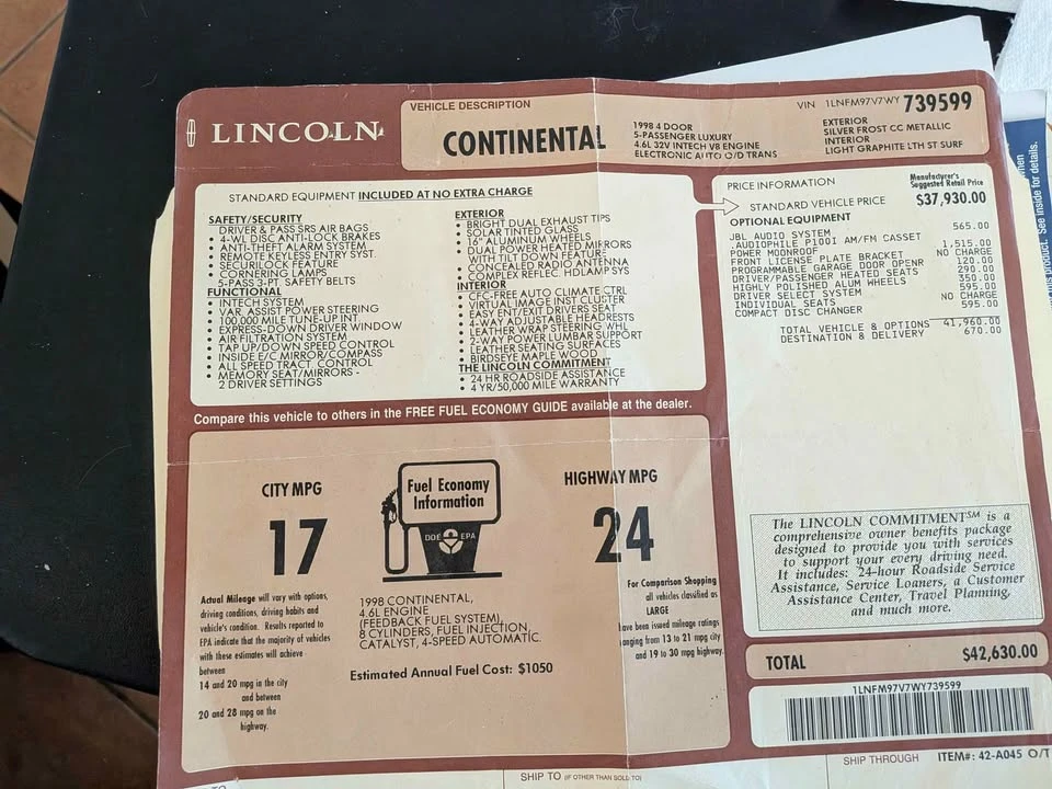 1998 Lincoln Continental 9th Gen - Image 6 of 6