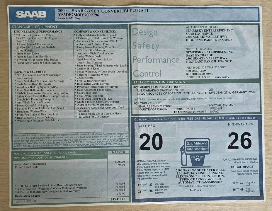 2000 Saab 9-3 1st Gen - Image 8 of 22