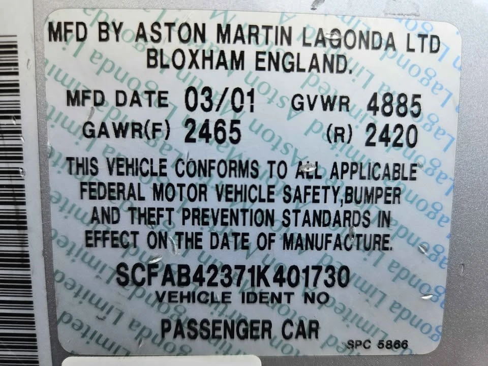 2001 Aston Martin DB7 Vantage - Image 11 of 11