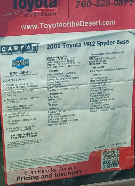 2001 Toyota MR2 Spyder/MR-S - Image 3 of 8