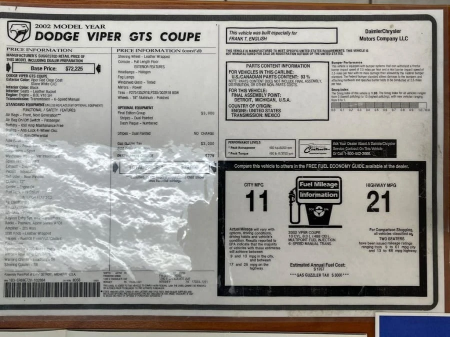 2002 Dodge Viper GTS 2nd Gen - Image 20 of 22