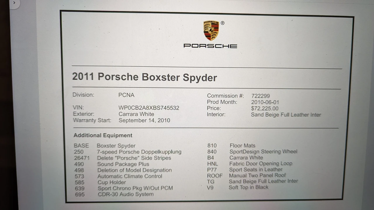 2011 Porsche 987 Boxster Spyder - Image 10 of 10