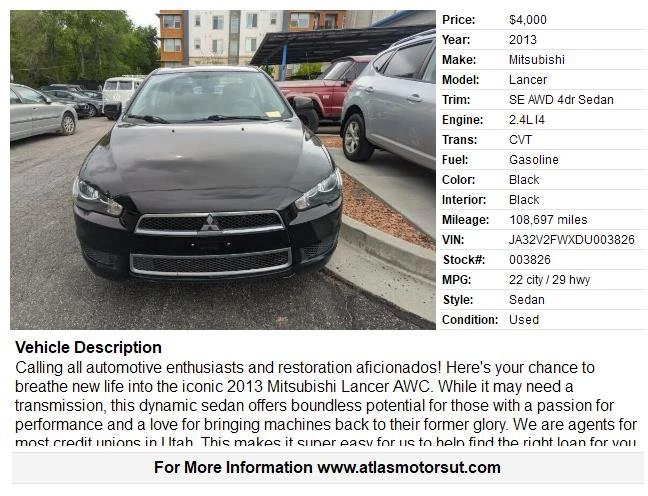 2013 Mitsubishi Lancer 10th Gen - Image 2 of 12