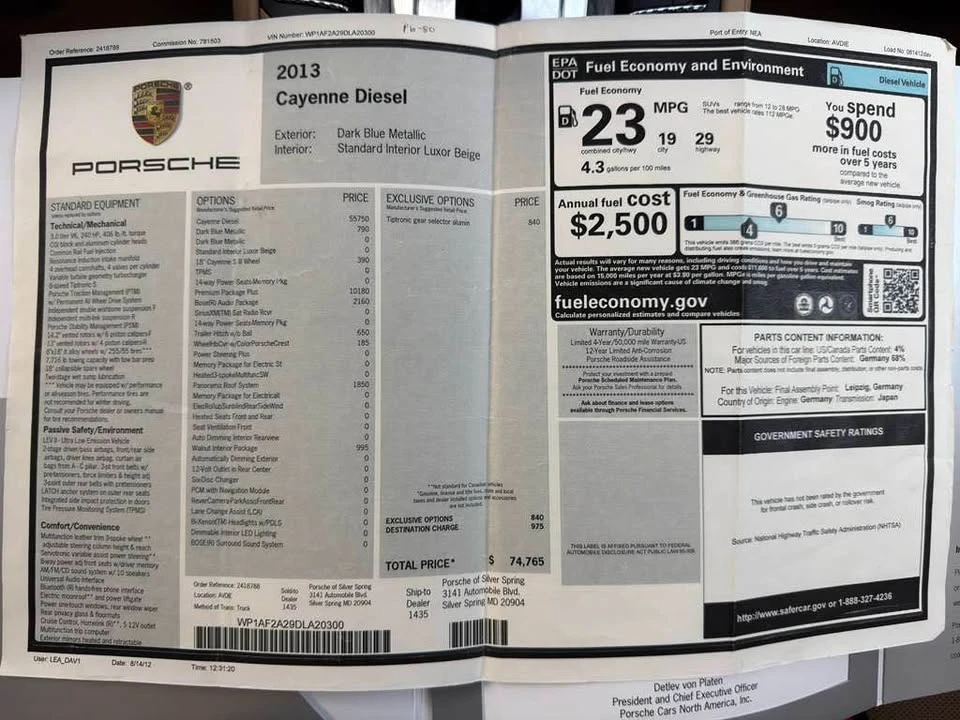 2013 Porsche 958 Cayenne Diesel - Image 17 of 17