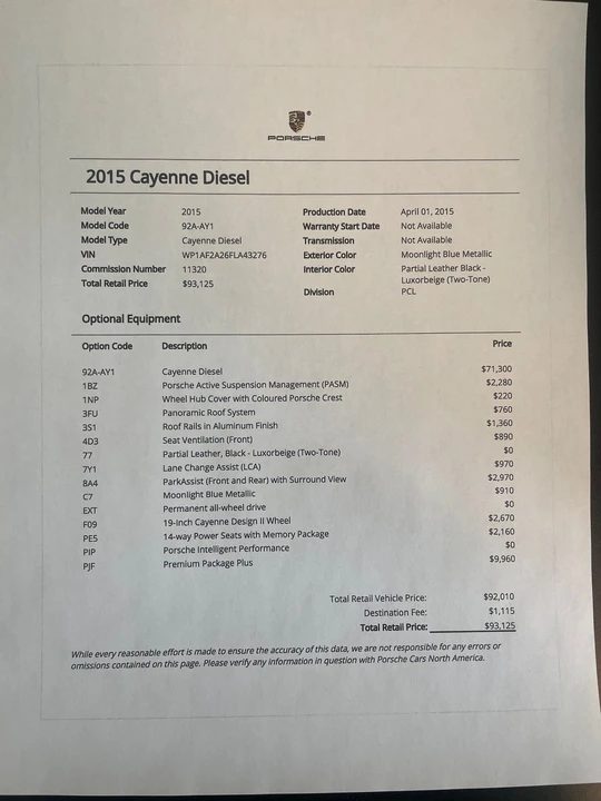 2015 Porsche 958 Cayenne Diesel - Image 2 of 7