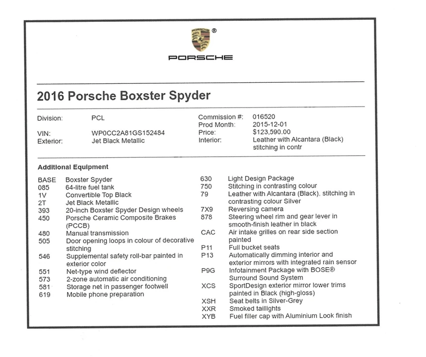 2016 Porsche 981 Boxster Spyder - Image 12 of 15