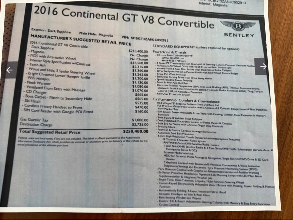 2016 Bentley Continental GT V8 2nd Gen - Image 3 of 6