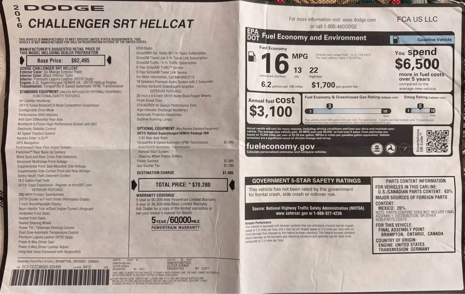 2016 Dodge Challenger SRT Hellcat 3rd Gen - Image 2 of 11
