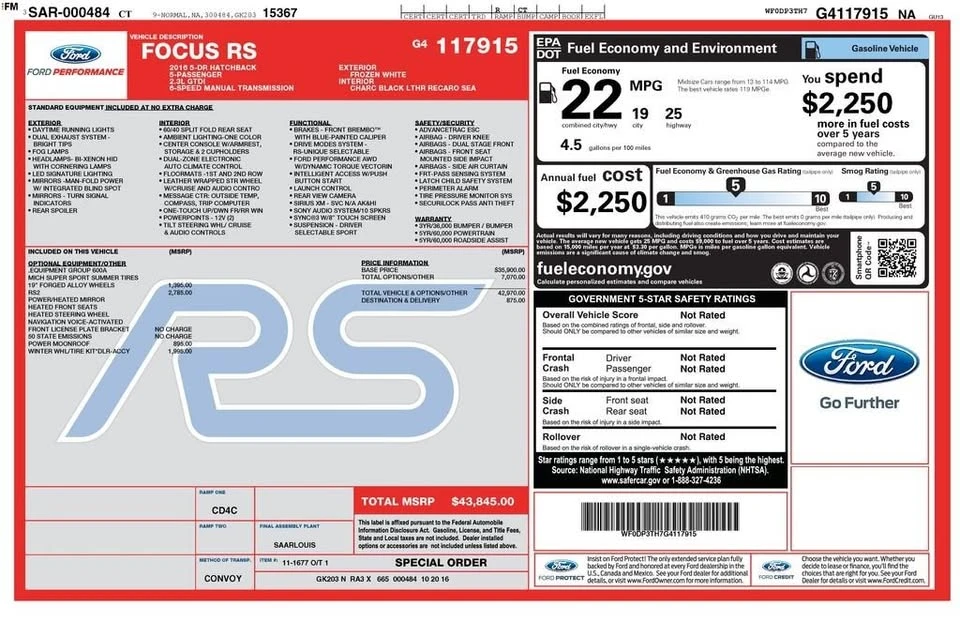 2016 Ford Focus RS 3rd Gen - Image 3 of 3