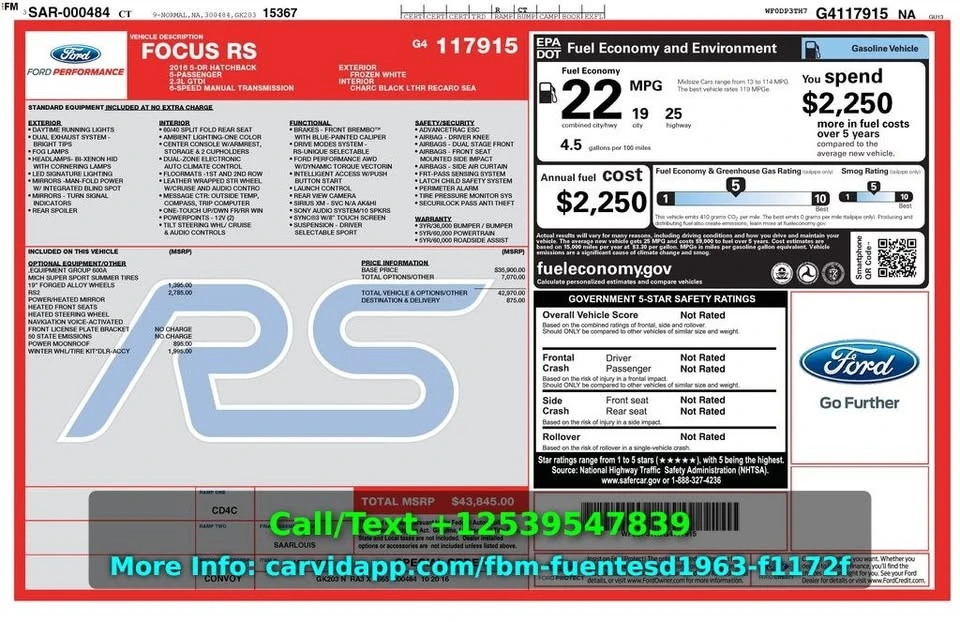 2016 Ford Focus RS 3rd Gen - Image 2 of 2