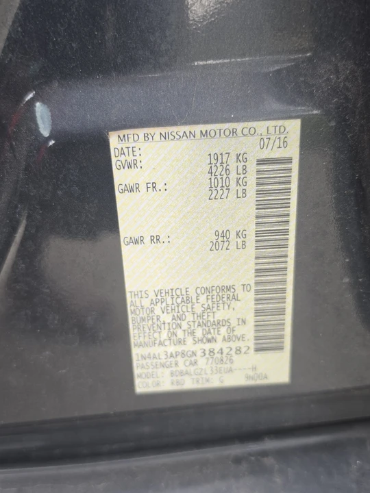 2016 Nissan Altima 5th Gen - Image 11 of 11