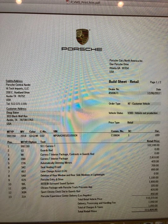 2018 Porsche 991 Carrera T - Image 3 of 4