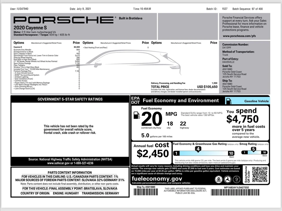 2020 Porsche 9Y0/9Y3 Cayenne S - Image 21 of 21