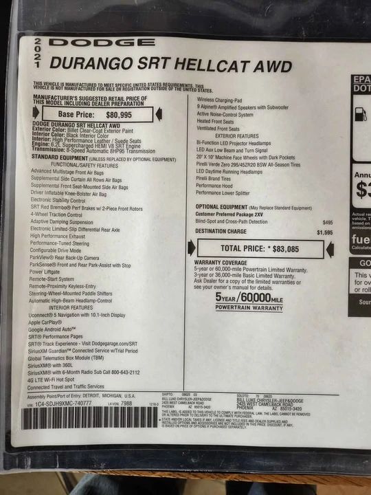 2021 Dodge Durango SRT Hellcat 3rd Gen - Image 8 of 8