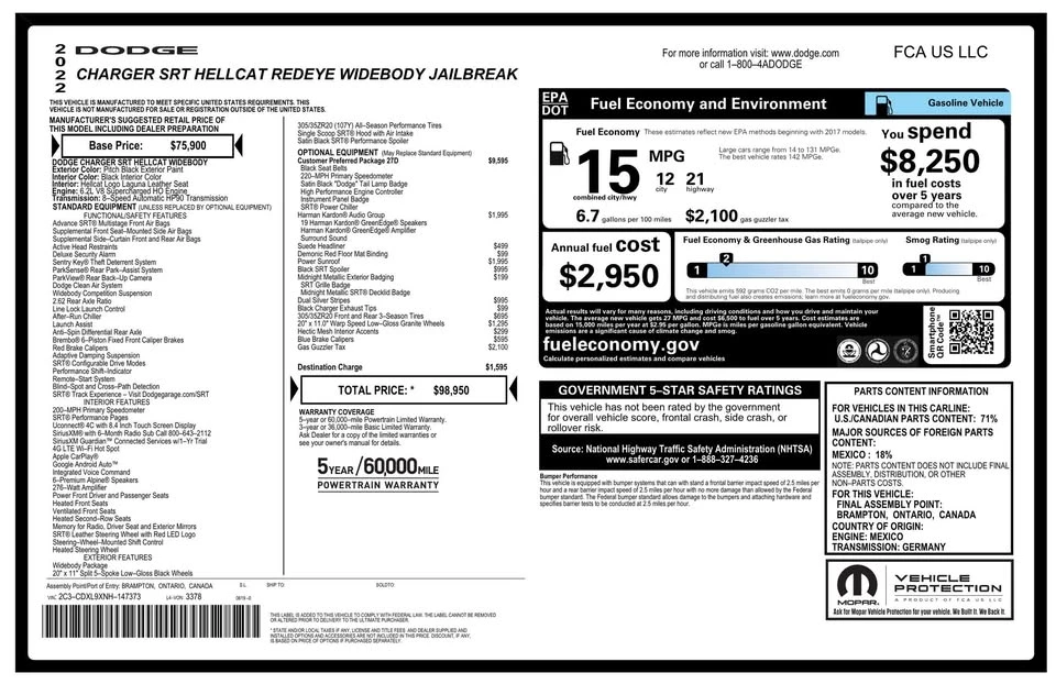 2022 Dodge Challenger SRT Hellcat 3rd Gen - Image 20 of 21