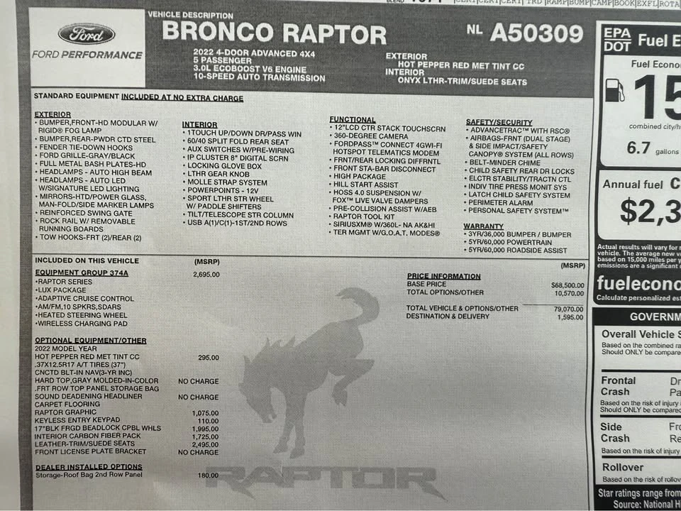 2022 Ford Bronco Raptor 6th Gen - Image 17 of 17