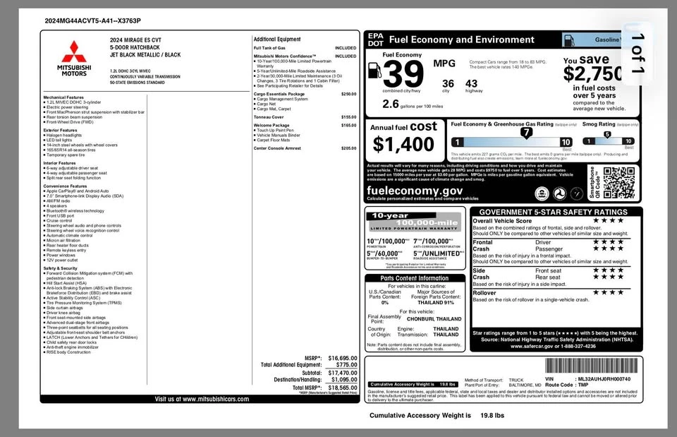 2024 Mitsubishi Mirage 6th Gen - Image 11 of 11