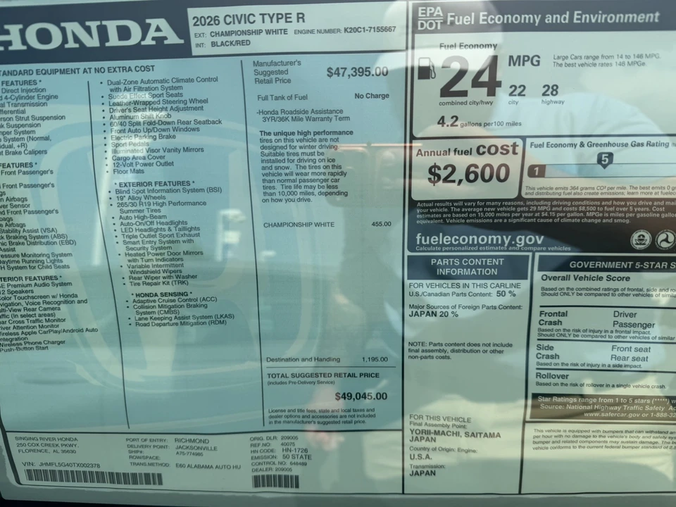 2026 Honda FL5 Civic Type R - Image 5 of 8