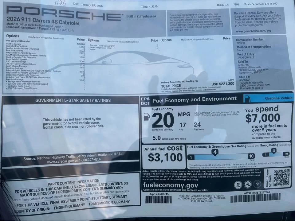 2026 Porsche 992 Carrera 4S - Image 3 of 3