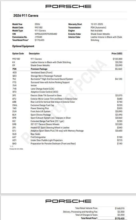2026 Porsche 992 Carrera - Image 2 of 5