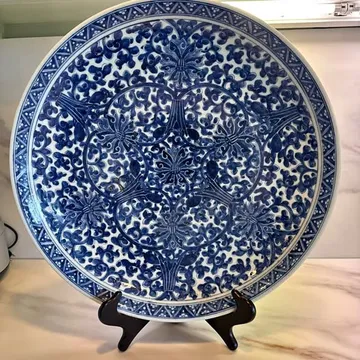 Antique Qing Dynasty Chinese Blue And White Scrolling Lotus Large Charger 18" D