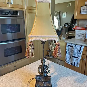 Lotus Bronze Figure Table Lamp w Tasseled Shade