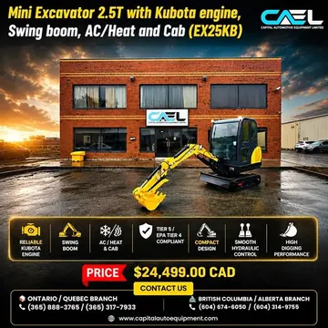 CAEL Mini Excavator 2.5 Ton with Kubota Engine, Swing Boom, AC/Heat & Cab (EX25KB)