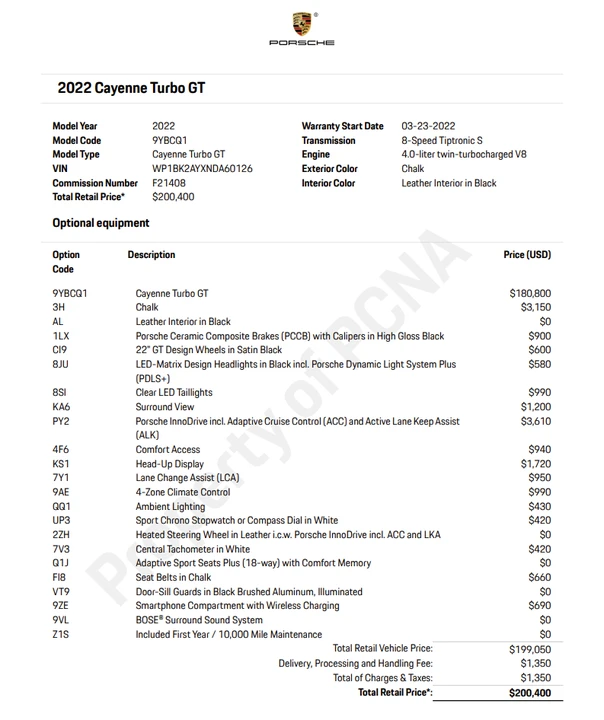 2022 Porsche 9Y0/9Y3 Cayenne Turbo GT - Image 9 of 9