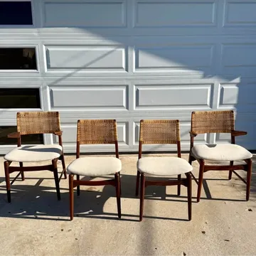 E. Knudsen for Jensen & Lykkegaard Danish Teak & Cane Dining Chairs – Set of 4