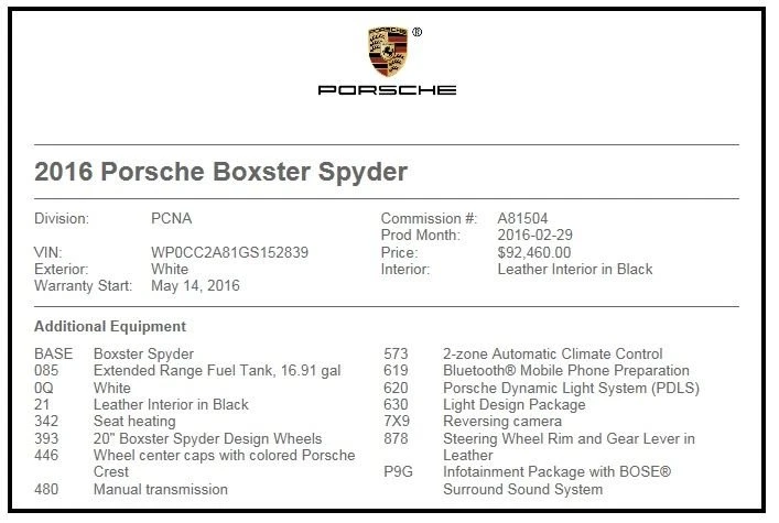 2016 Porsche 981 Boxster Spyder - Image 11 of 11