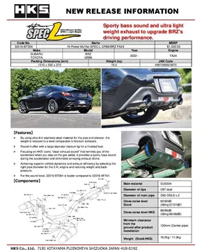 Subaru HKS Hi-Power Muffler SPEC-L2 ZD8 FA24
