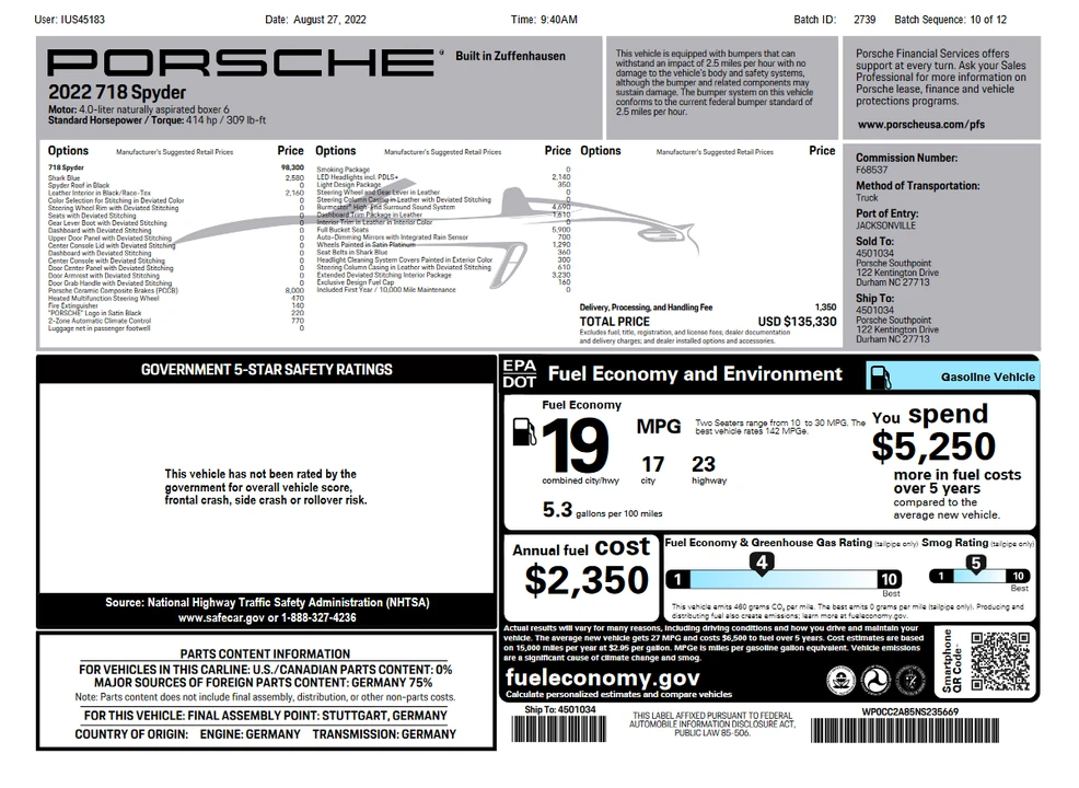 2022 Porsche 718 Boxster Spyder - Image 2 of 14