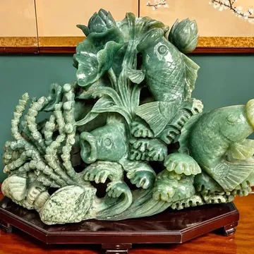 Lotus Chinese Jade Koi Fish & Lotus Sculpture