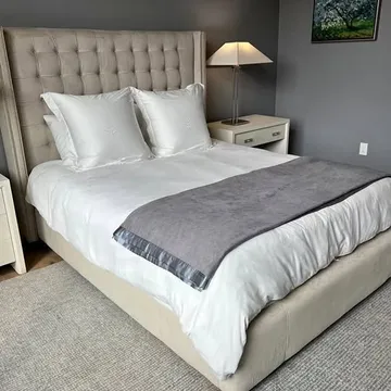 MG BW Theodore Transitional Contemporary Upholstered Wingback Nailhead Queen Bed