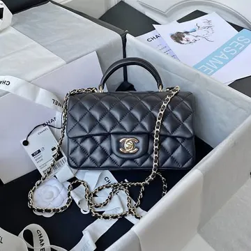 Chanel Classic Flap Mini With Top Handle Quilted Lambskin Leather Gold Hardware