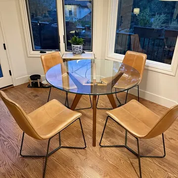 West Elm Jensen Round Dining Table with Slope Leather Chairs